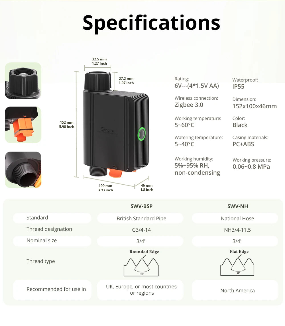 SONOFF SWV Zigbee Smart Water Valve IP55 Automatic Irrigation Easy Install Remote Control Time Schedule via eWeLink Alexa Google