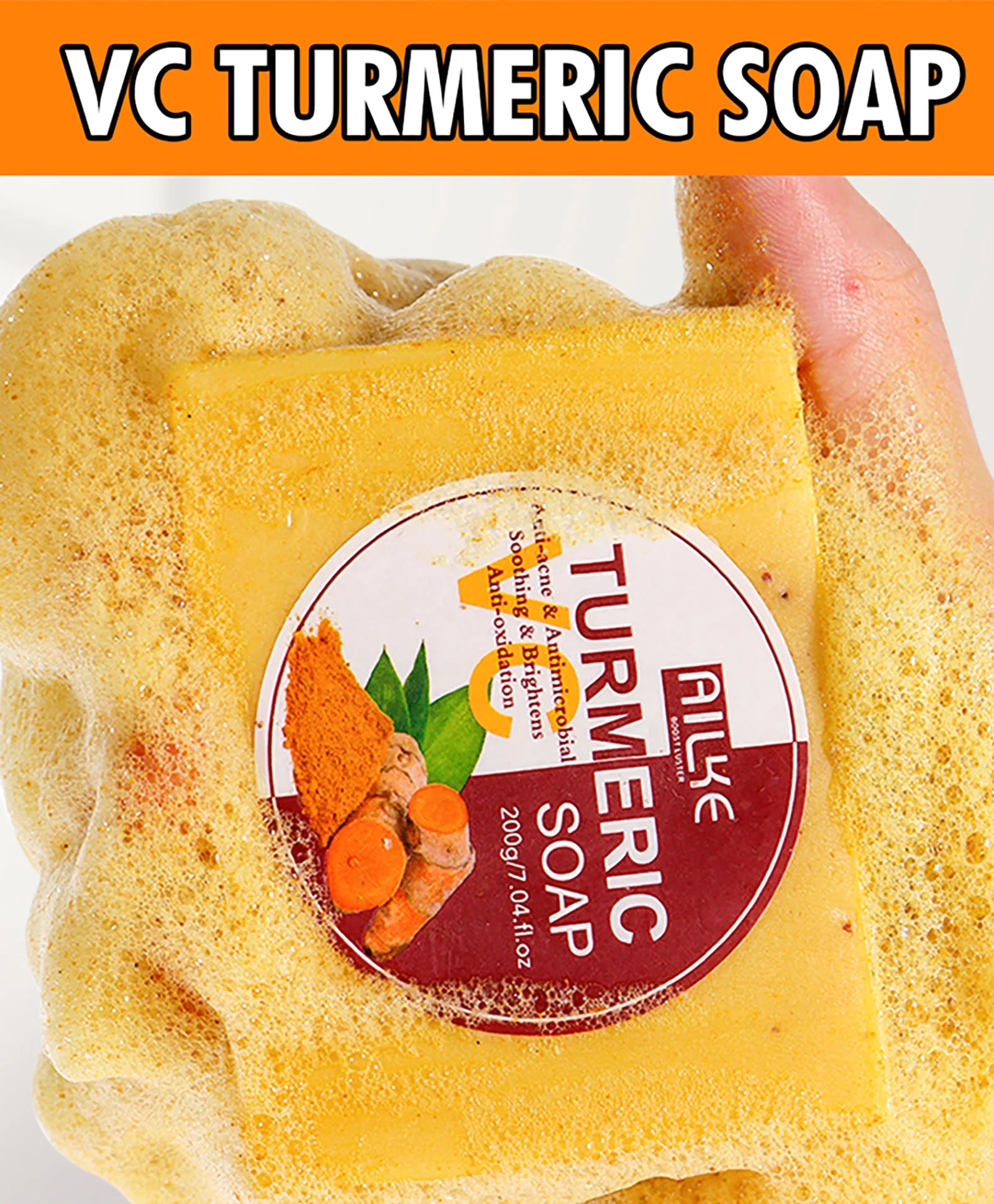 AILKE Natural Turmeric Soap for Face & Body, Whitening, Clean Stains, Even Skin Tone, Remove Acne, Age Spot, Black Spot, 200g