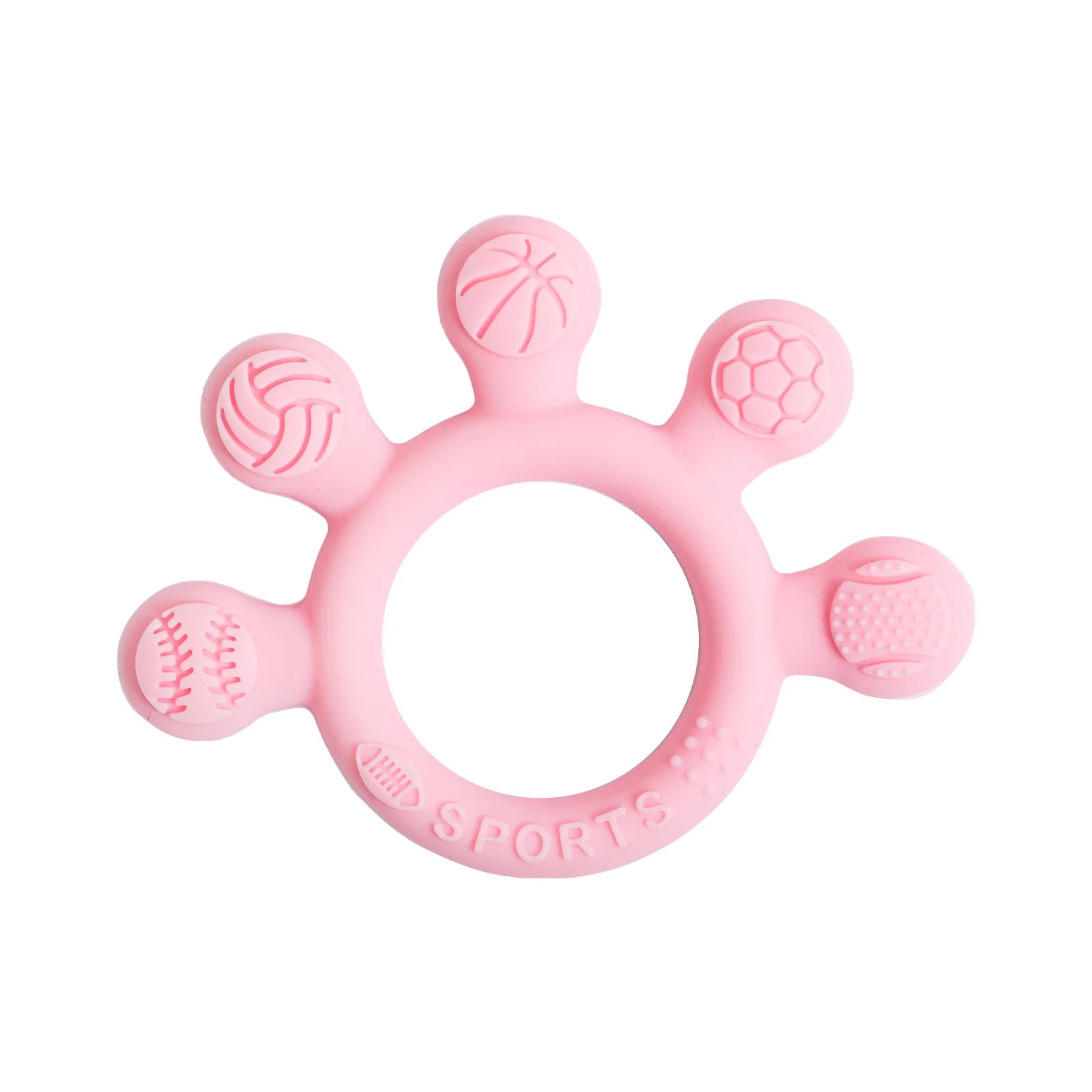 Pink silicone teething ring toy for baby relief with sports ball textures.