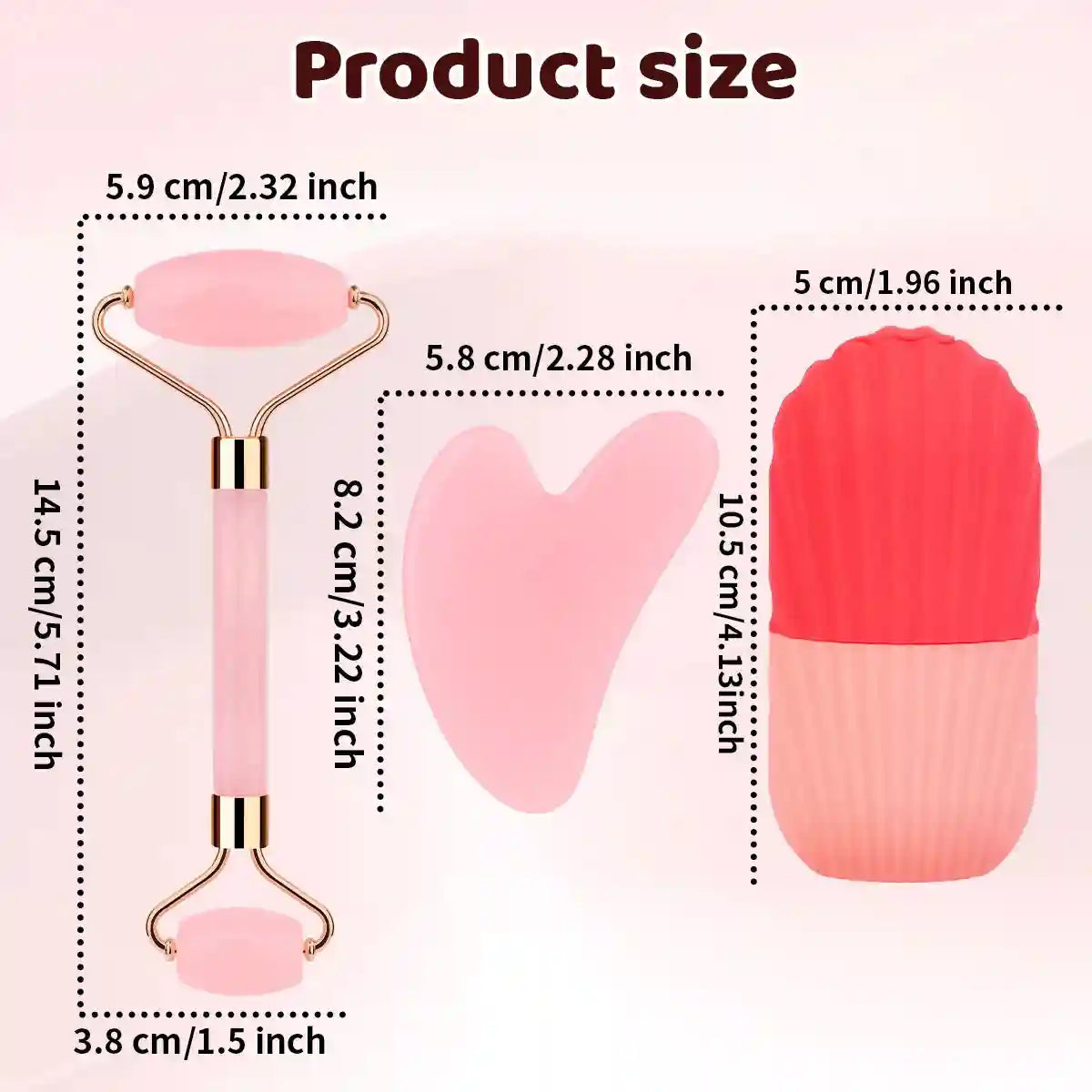 Three-piece pink facial massage set: a dual-ended roller, heart-shaped gua sha tool, and a two-tone silicone ice mold.