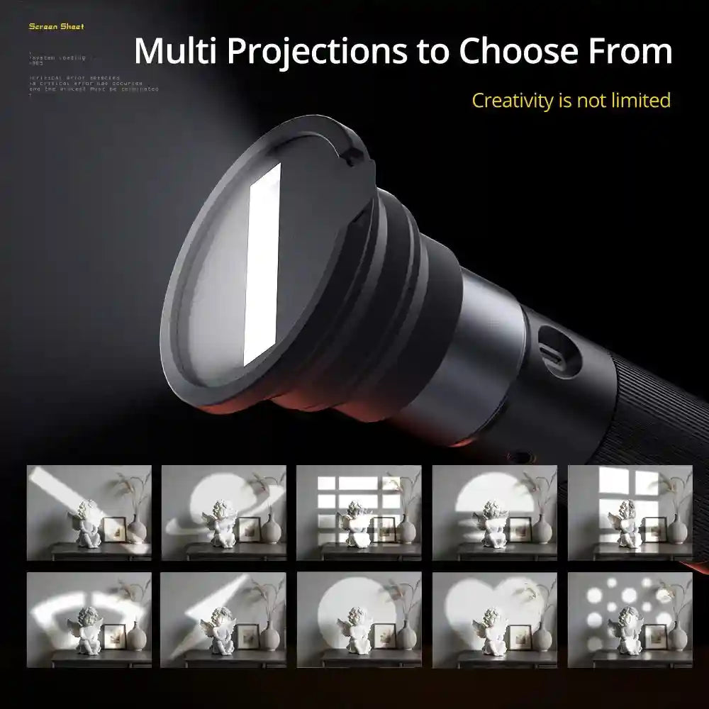 Black handheld projection lamp with a circular lens head, used to project various light patterns onto surfaces.
