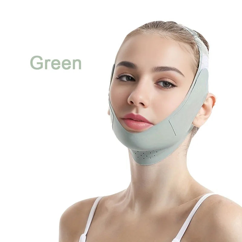 Woman wearing green V-line face slimming bandage for chin and cheek lifting, anti-aging facial beauty care tool.