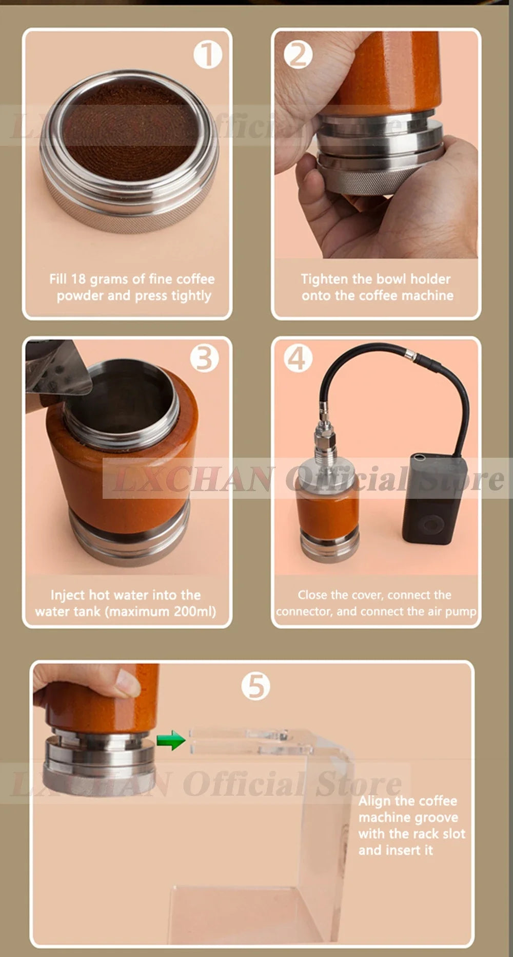 LXCHAN portable wood and stainless steel coffee maker with 200ml tank, air pump, and acrylic stand assembly guide.