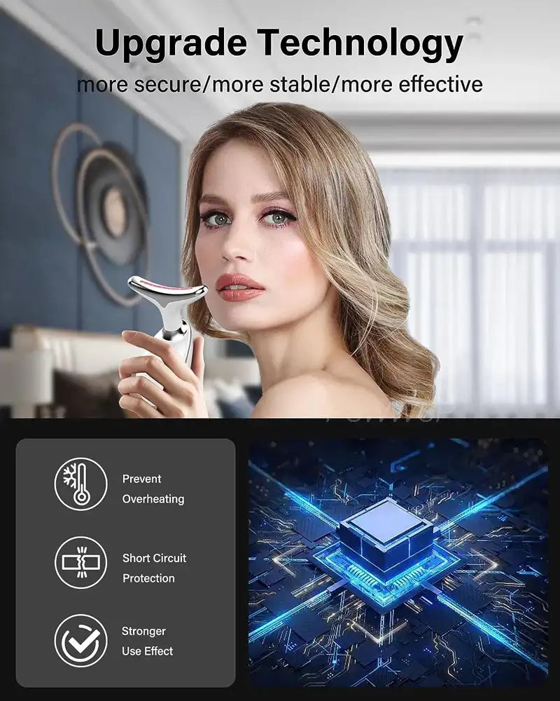Woman holding a Y-shaped, silver neck and facial beauty massager with glowing light therapy features.
