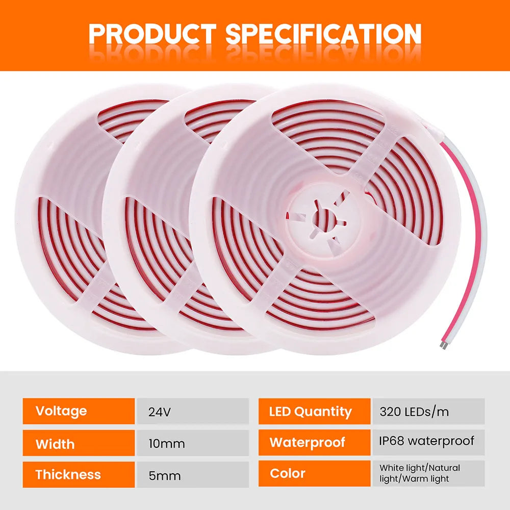 IP68 Waterproof COB LED Strip Light 12V 24V 5m 10m 15m 20m 0.5m Flexible Tape 320LED/m High Density Bright Liner Lighting RA90