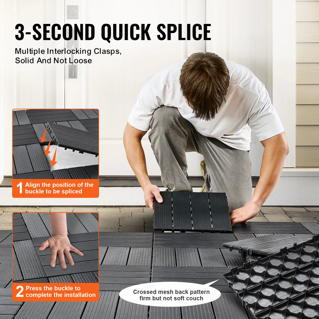 SucceBuy  Interlocking Deck Tiles Plastic Waterproof Outdoor Flooring All Weather Use Patio Floor for Porch Poolside Dark Grey