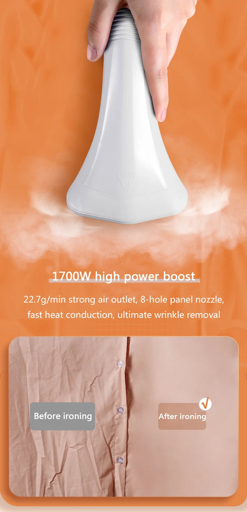 Tidesmit 2L electric garment steamer with adjustable rod for 10 fabrics, featuring side view water tank detail.