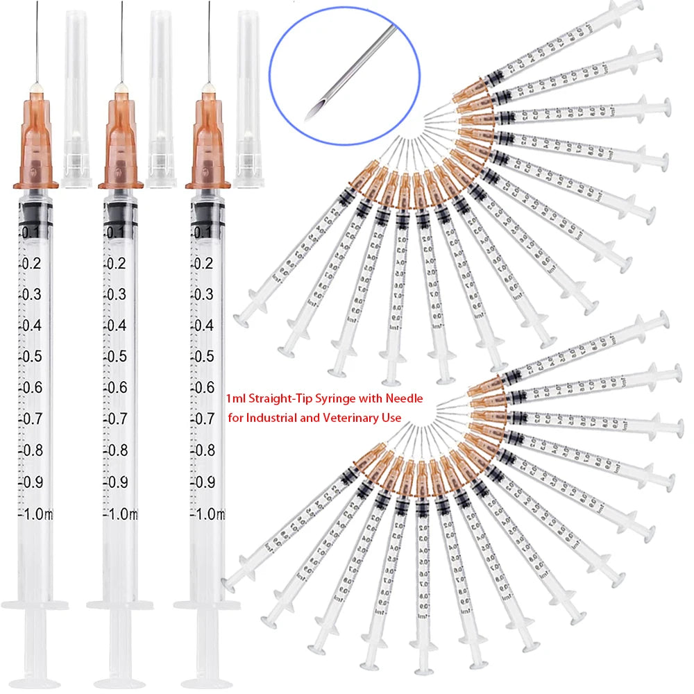100pcs 1ml plastic syringes with needles for precise pet feeding, lab use, and industrial liquid distribution.