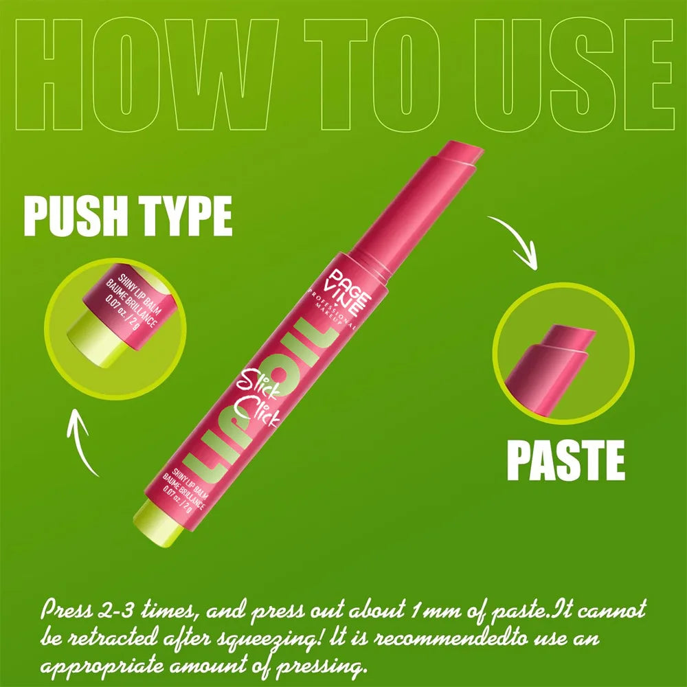 Pink click-press moisturizing lip gloss pen in a sleek tube, showing how to dispense the non-fade lip glaze paste.