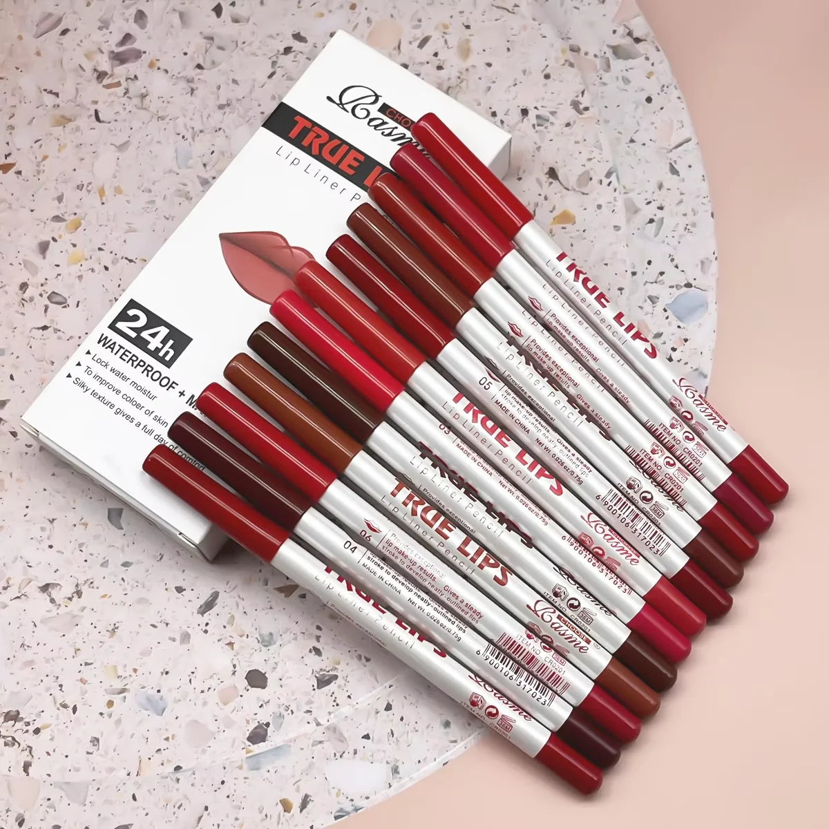 12-piece matte lip liner set with long-lasting waterproof red and brown pigments for professional lip makeup.