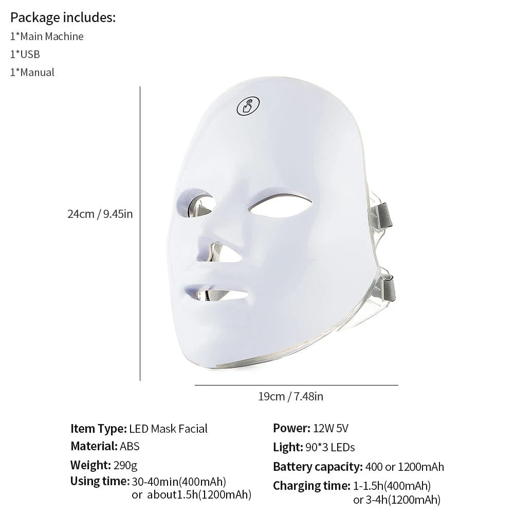 Glossy white, ergonomic ABS facial mask with LED light ports and adjustable head straps, measuring 24cm by 19cm.