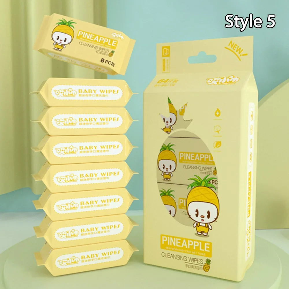 Style 5: Pineapple baby care cleansing wipes, 64-count pack with 8-piece travel packs in yellow packaging.