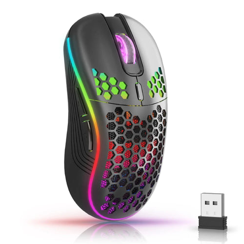 Black wireless gaming mouse with honeycomb shell, RGB lighting, side buttons, scroll wheel, and USB receiver.