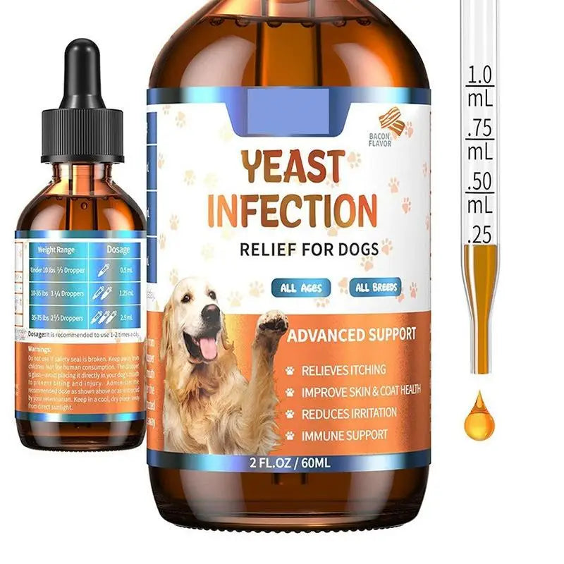 60ml herbal dog yeast infection relief drops for skin, coat, and itching support with bacon flavor dropper.