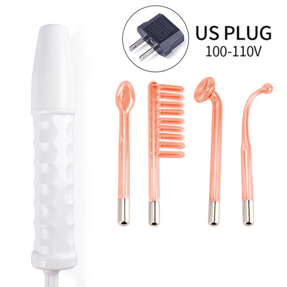 4-in-1 high frequency facial wand with white handle, four glass electrode attachments, and a US power plug.