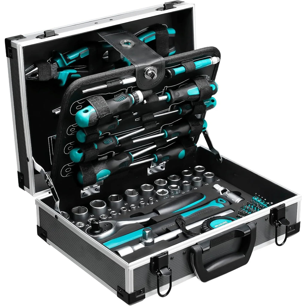 Aluminum Tool Case Filled with 122-piece Tool Set | Workshop Case Equipped w/ Wrenches, Hammer, Pliers, Screwdrivers, Toolbox
