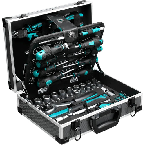 Aluminum tool case with teal-and-black tools and socket bits in organized foam slots