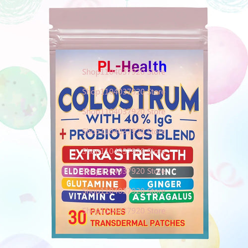 30-patch elderberry supplement pouch for immune support. Tan and blue packaging with colostrum and zinc.