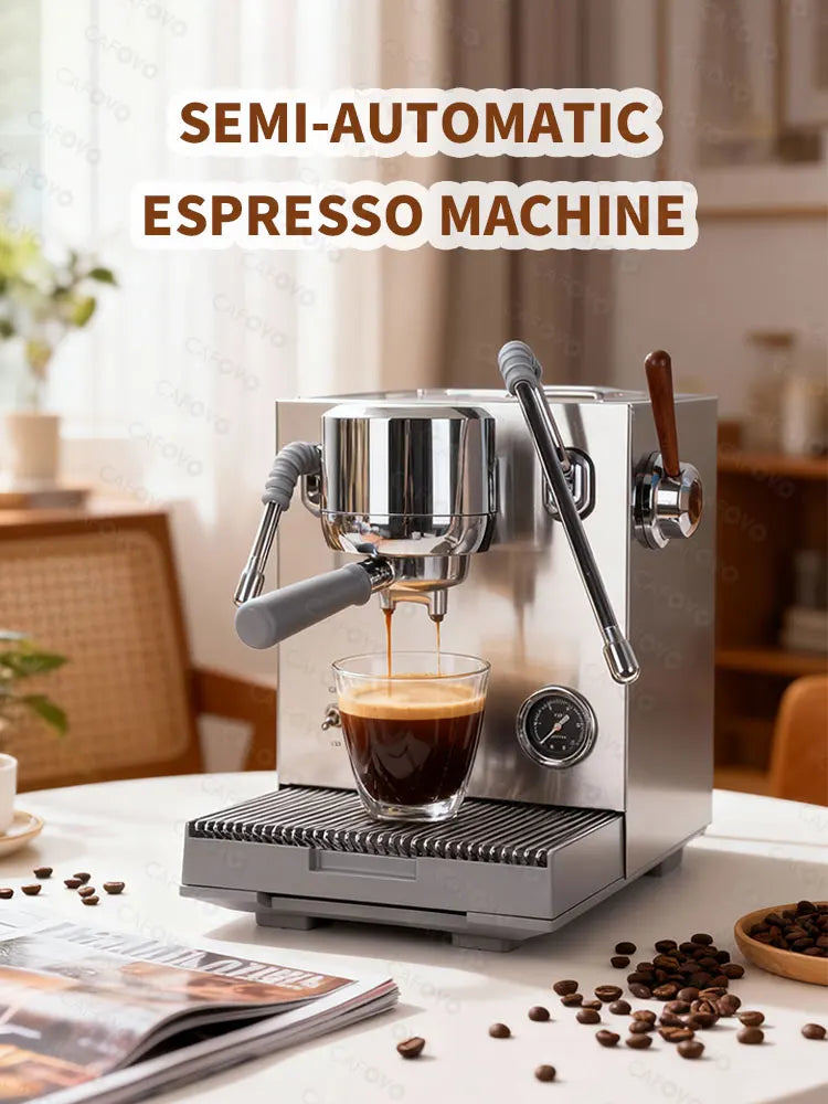 Cafovo stainless steel semi-automatic espresso machine pouring coffee into a glass with pressure gauge and steam wand.
