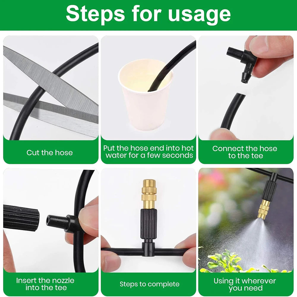 5M-30M Misting Cooling System Garden Irrigation Watering 1/4'' Brass Atomizer Nozzles 4/7mm Hose for Outdoor Patio Greenhouse
