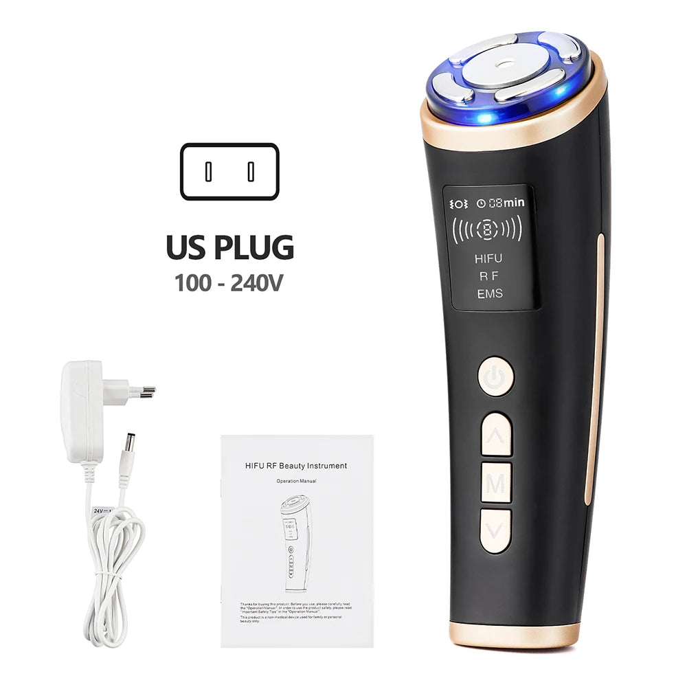 Black and gold mini HIFU facial device with blue LED light, screen, control buttons, power cord, and manual.