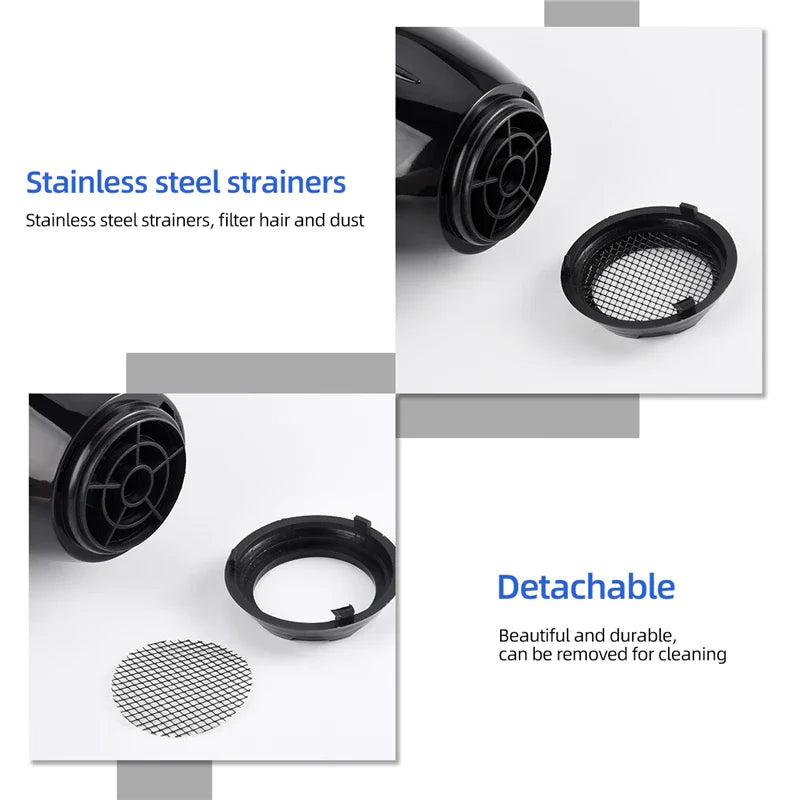 Black professional hair dryer with detachable stainless steel mesh filter for easy cleaning and dust protection.