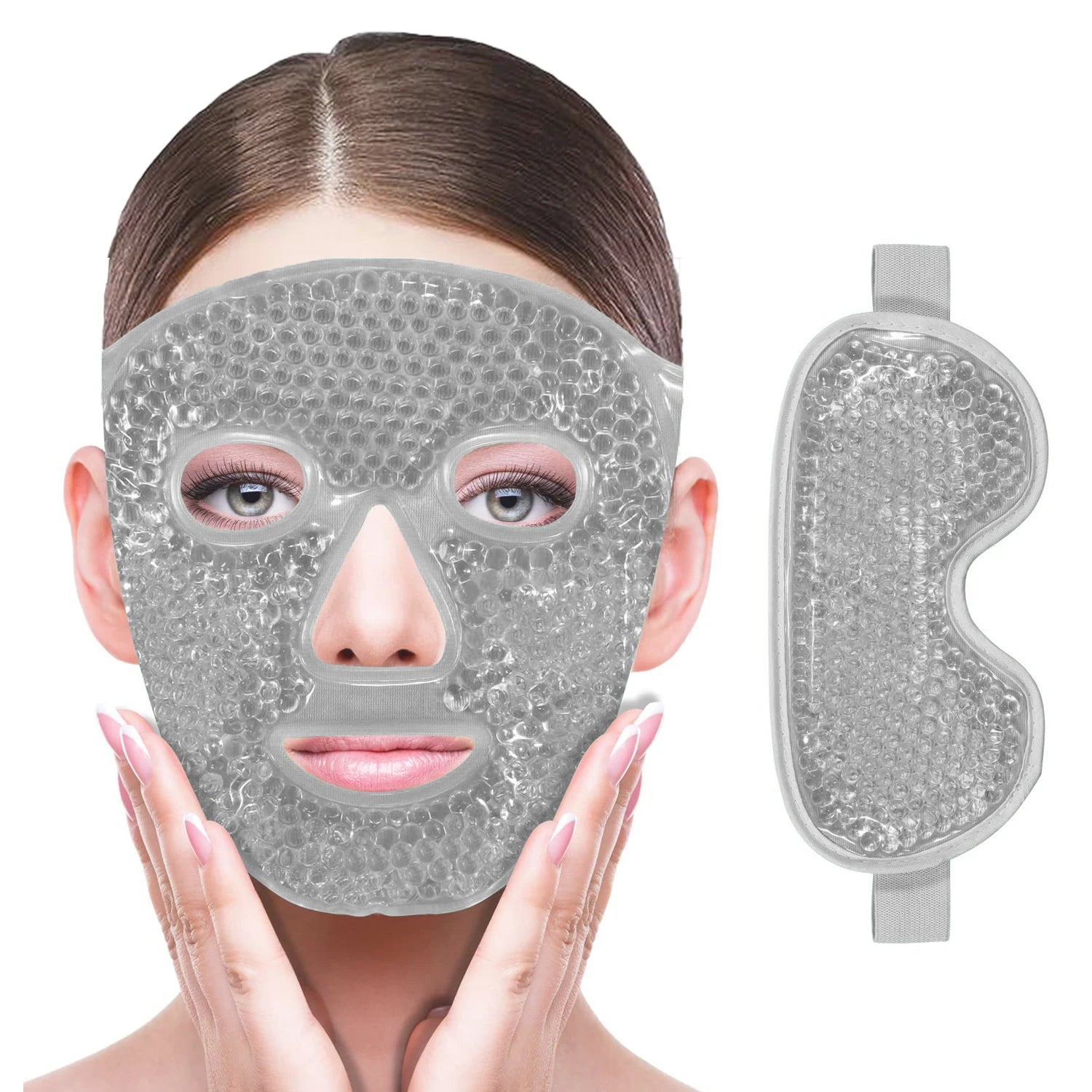 A clear, gel-bead cooling face mask and eye mask set on a white background, worn by a woman holding her face.