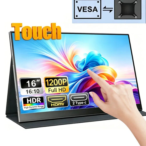 16-inch portable touchscreen monitor with a colorful display, VESA support, HDMI, and dual Type-C ports.