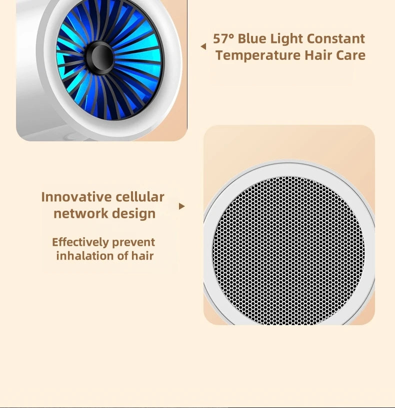 White Gmdq 1800W hair dryer with blue light, constant temp tech, and safety cellular mesh anti-hair intake design.
