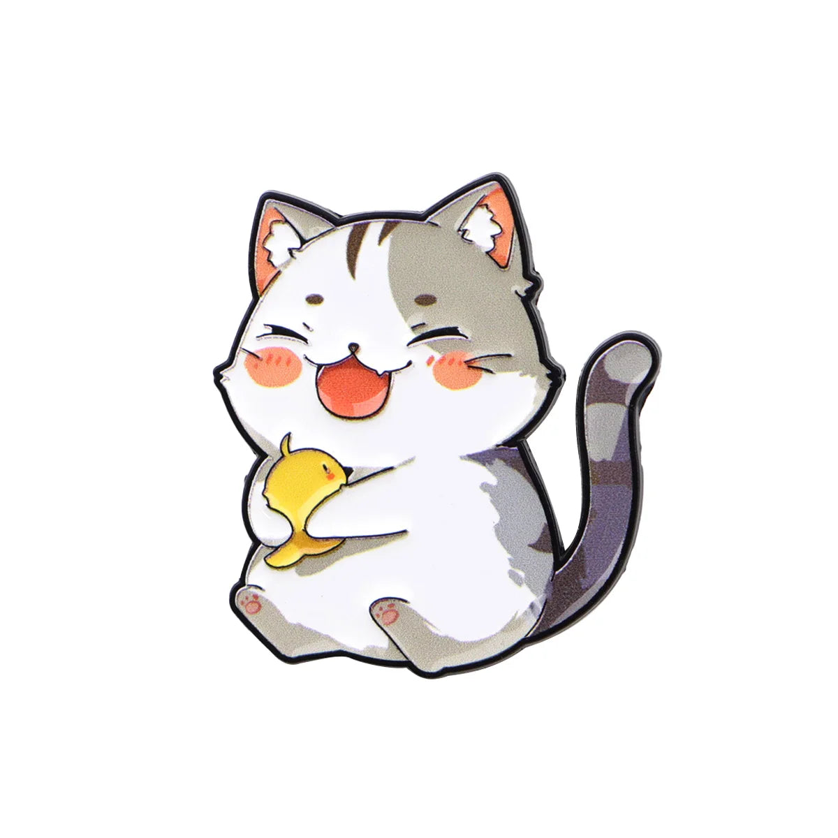Cute grey and white cat enamel pin brooch holding a yellow bird, perfect for backpacks or as a fashion accessory gift.