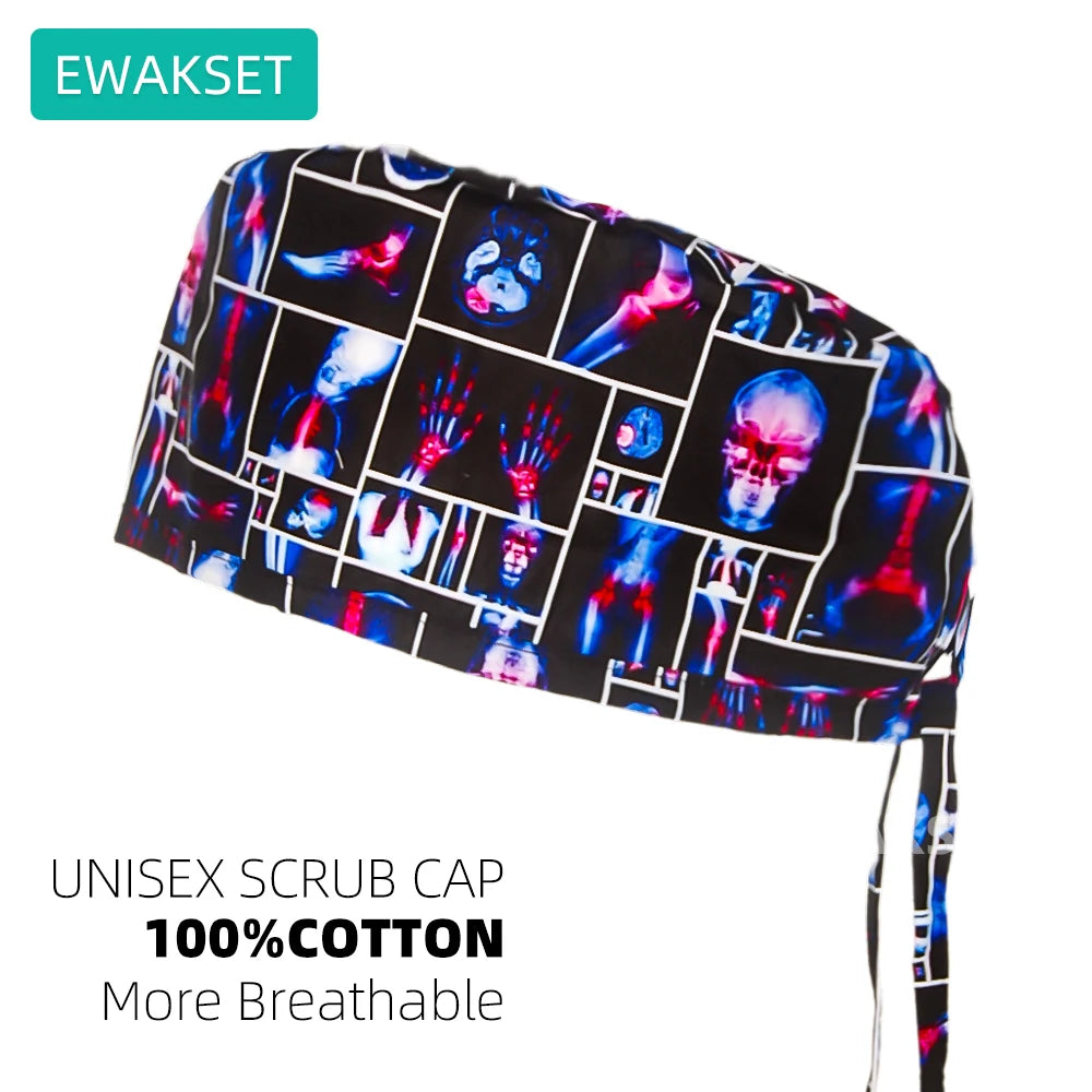 Unisex 100% cotton scrub cap with X-ray print, featuring adjustable fit and sweatband for vet or medical use.