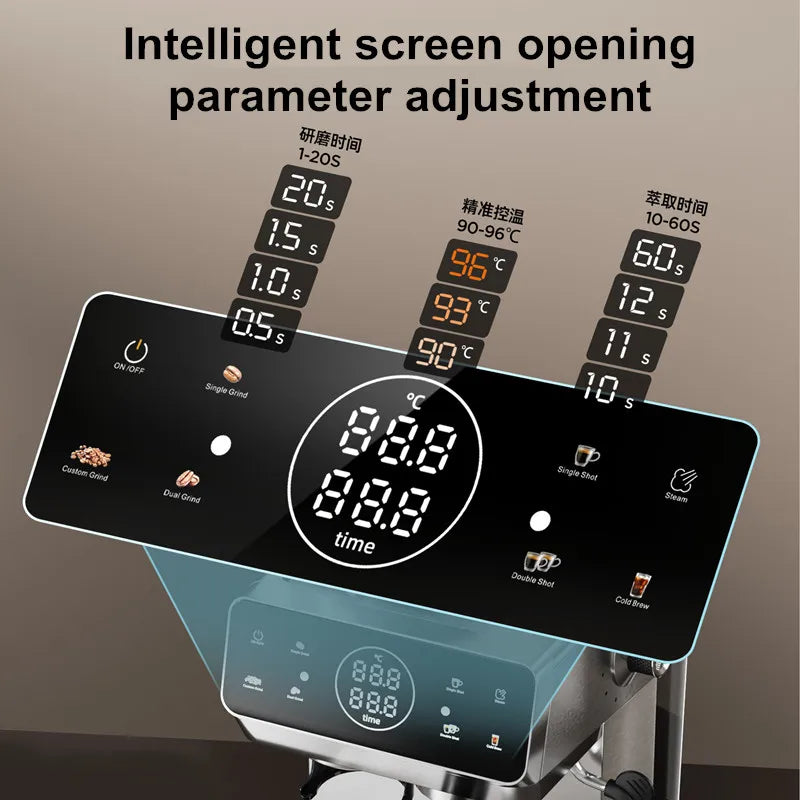 Black digital touchscreen control panel for coffee espresso machine with customizable grind and brew settings.