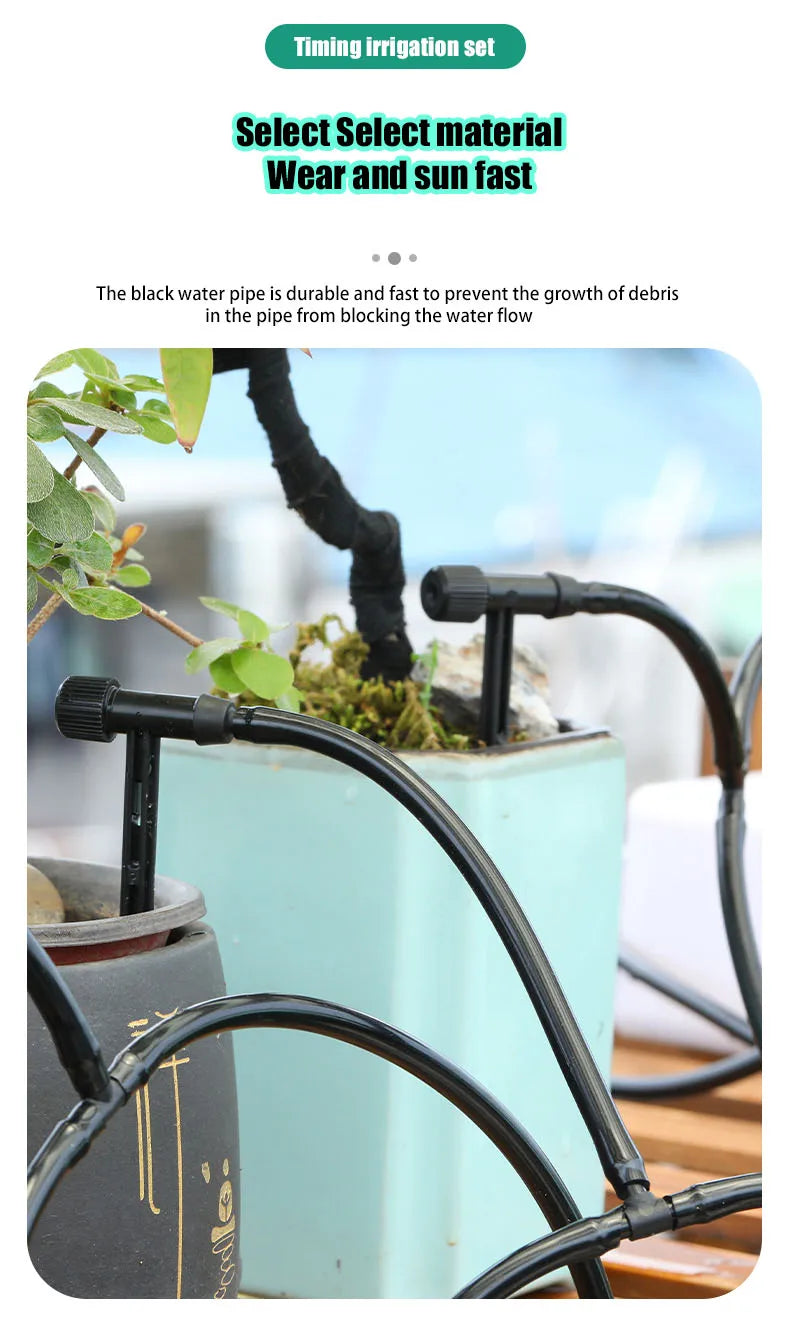 Black drip irrigation hose with adjustable micro drippers distributing water to potted plants