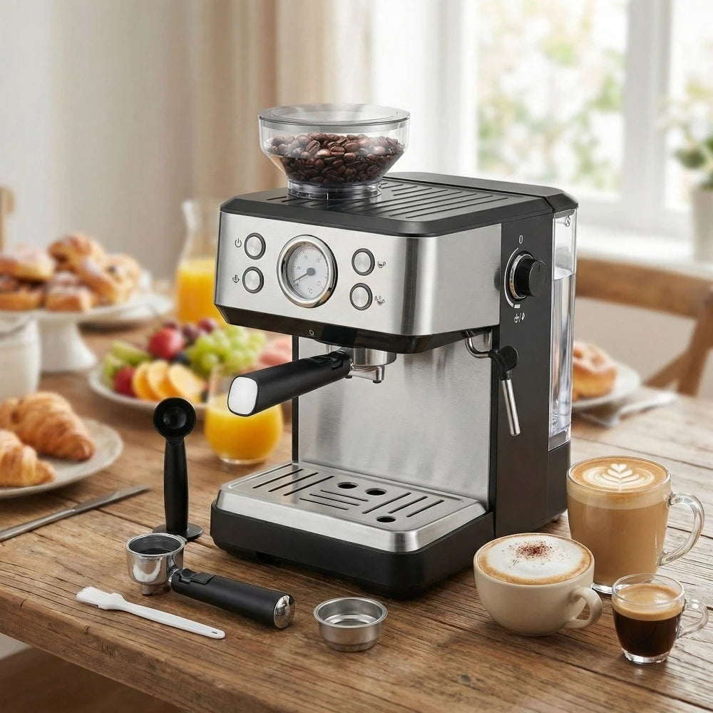 Stainless steel espresso machine with integrated bean grinder, pressure gauge, and steam wand on a wooden table.