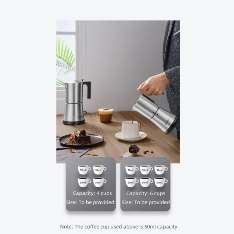 Stainless steel COKM moka pot coffee maker available in 4-cup and 6-cup capacities for espresso.