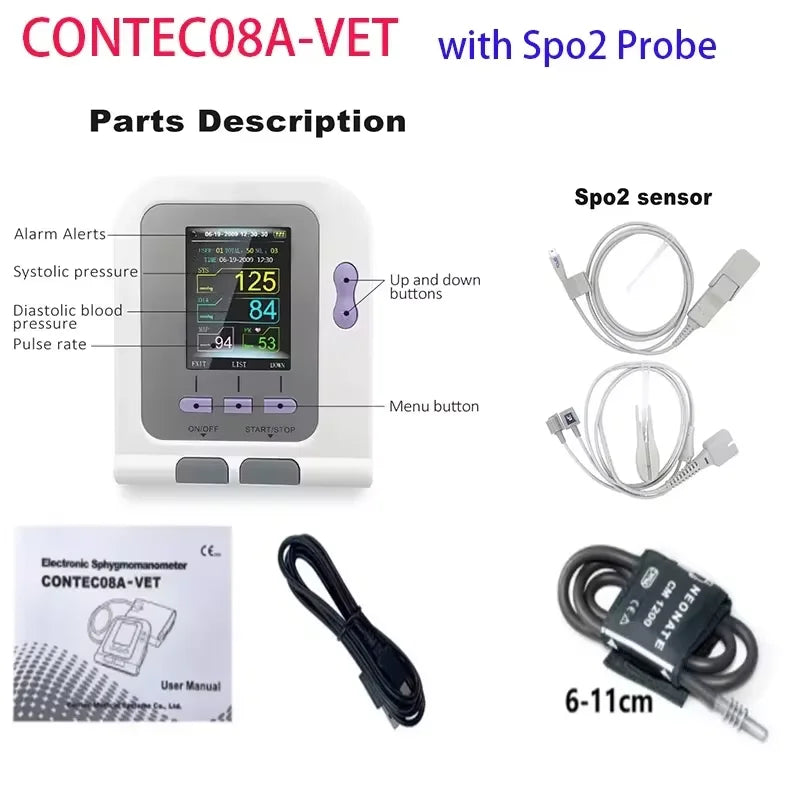 For use in cats and dogs; CONTEC08A veterinary blood pressure monitor, can be used with a blood oxygen probe if desired