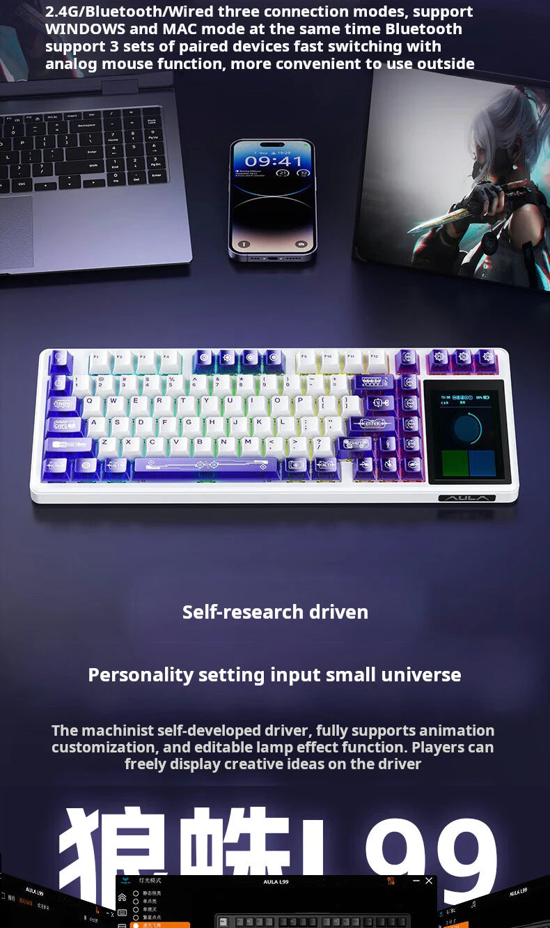AULA L99 Mechanical Keyboard Intelligent Screen Wireless Bluetooth Gasket Structure Gaming Keyboard RGB  Lighting Night Vision