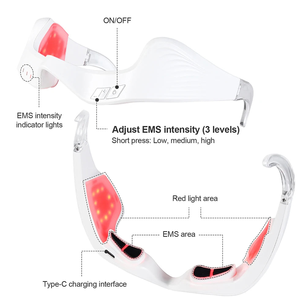 White electric eye massager glasses with red light therapy and EMS intensity settings for anti-wrinkle eye relief.