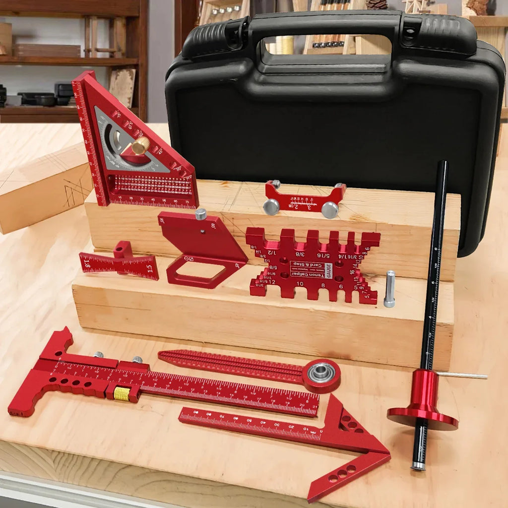 10pcs Woodworking Square Kit with Box, T-Square Scribing Tools,Positioning Block,Circular Drawing Compass,Honing Guide,Height Ga