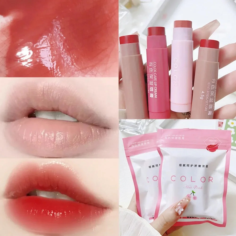 Moisturizing colored lip balm set in red and pink shades for smooth, anti-drying, high-shine lip makeup finish.