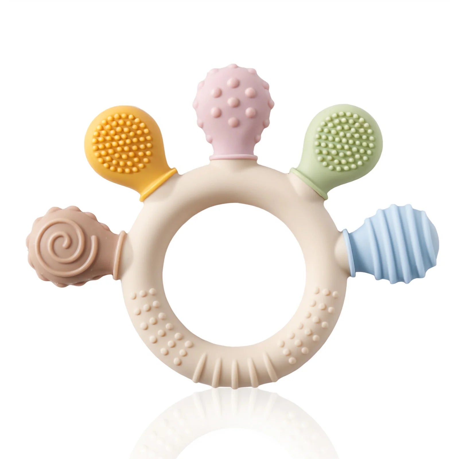 Multi-colored silicone baby teething ring with textured tips for teething relief.