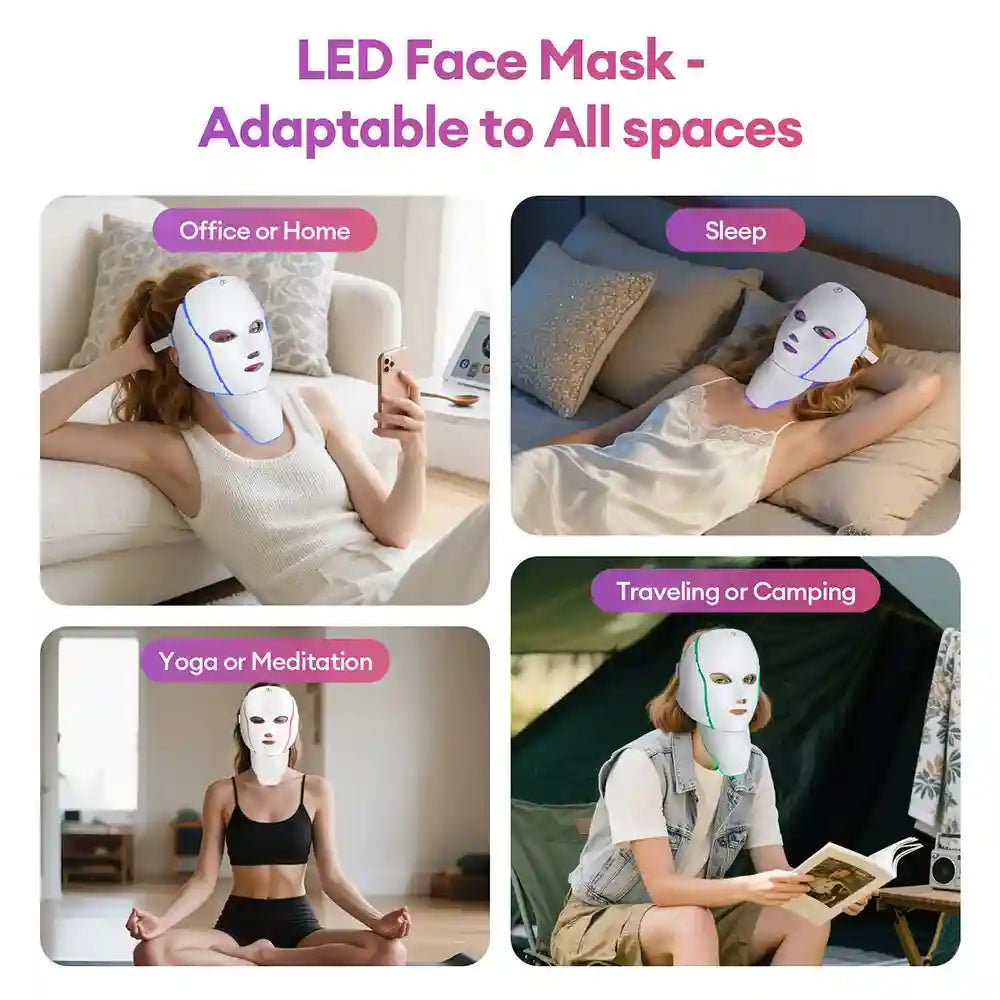 7 Color LED Facial Mask with Neck Light for Skin Rejuvenation Therapy Massage Cushion Tidesmit
