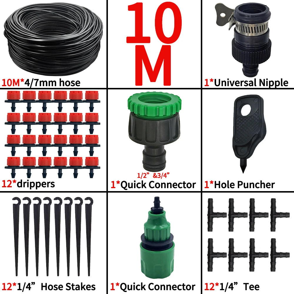10m micro drip irrigation kit with black hose, red drippers, green quick connectors, stakes, tee
