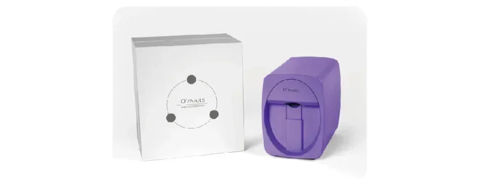 Portable purple smart 3D nail printer machine for DIY home or salon use with branded white product packaging box.