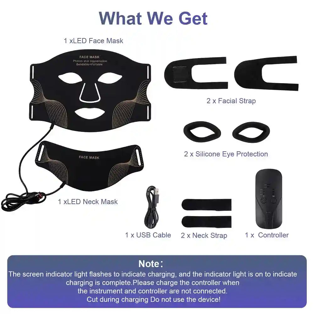 Black silicone LED face and neck mask kit with controller, straps, eye protection, and USB charging cable.