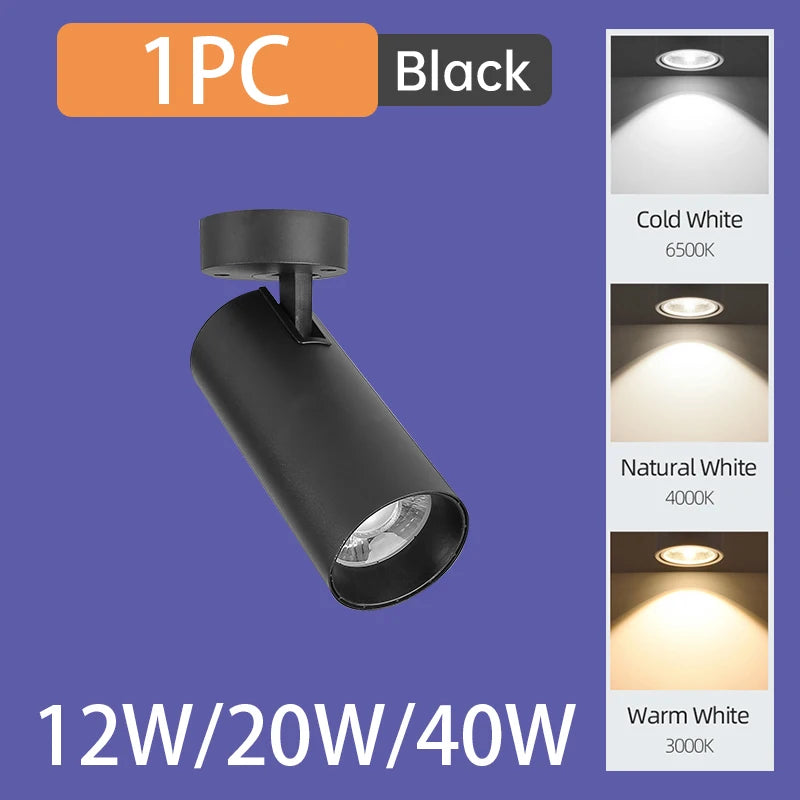 Single black surface-mounted LED spotlight with adjustable beam