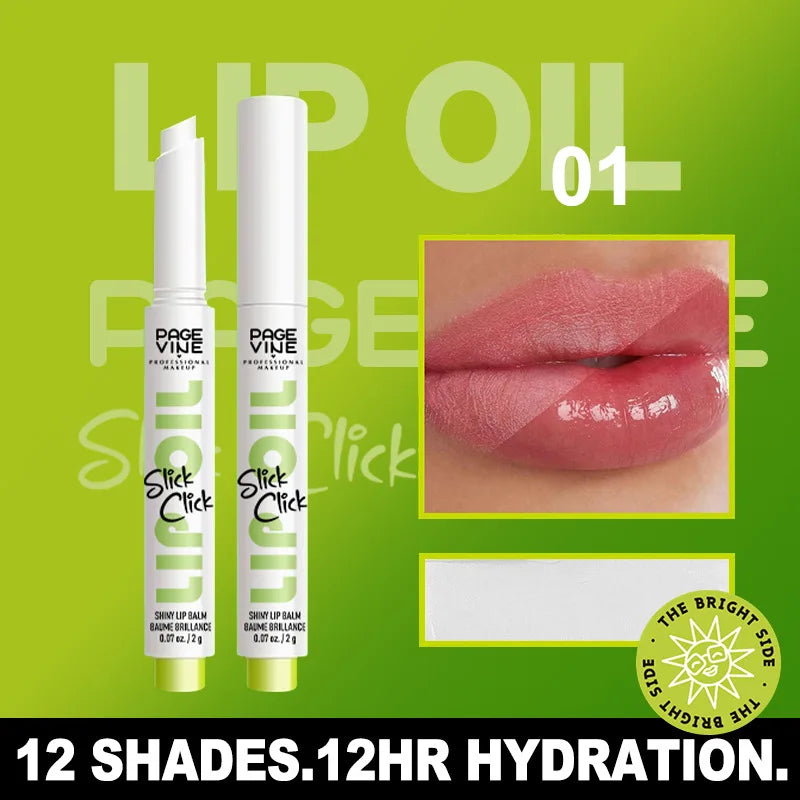Page Vine click-pen lip oil in shade 01 with a glossy, hydrating pink finish for plump, moisturized lips.
