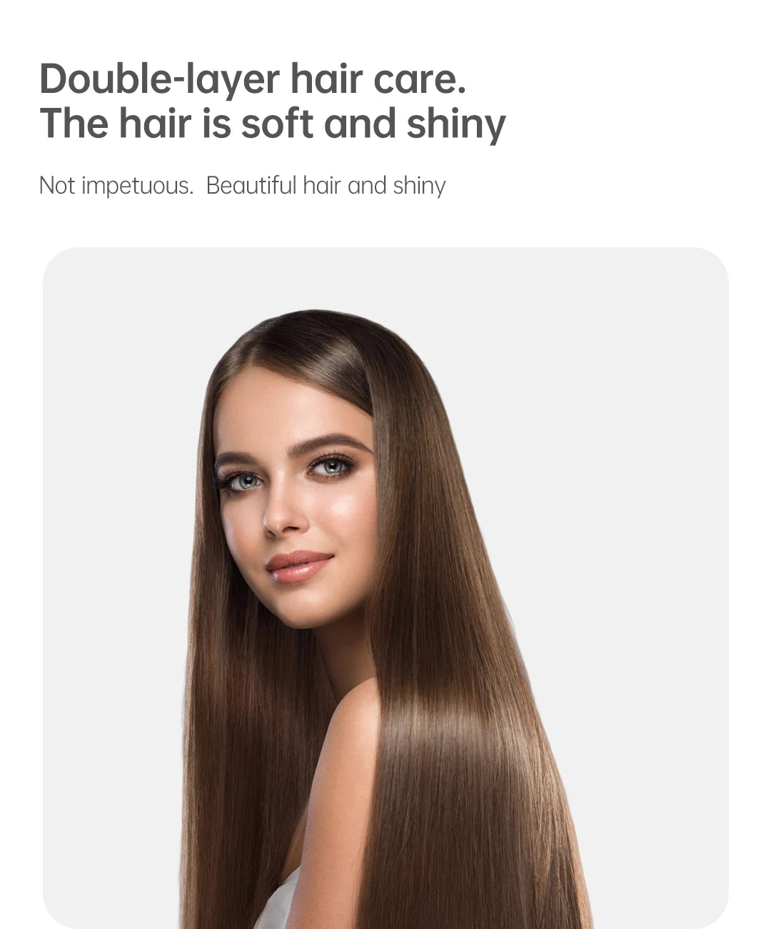 Woman with sleek, shiny hair styled by 2-in-1 negative ion flat iron hair straightener for smooth, professional results.