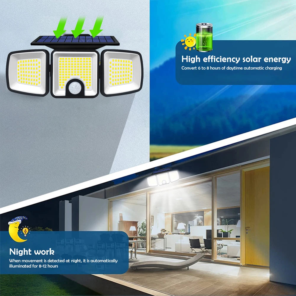 Solar Lights Outdoor 3 Heads Motion Sensor 286/236LED Security Flood Lights Waterproof 3 Modes Wall Lamp for Garden Patio Yard