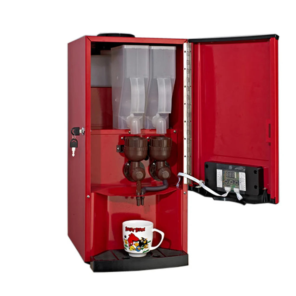 Red commercial instant coffee vending machine with two clear powder canisters, digital display, and lockable door.